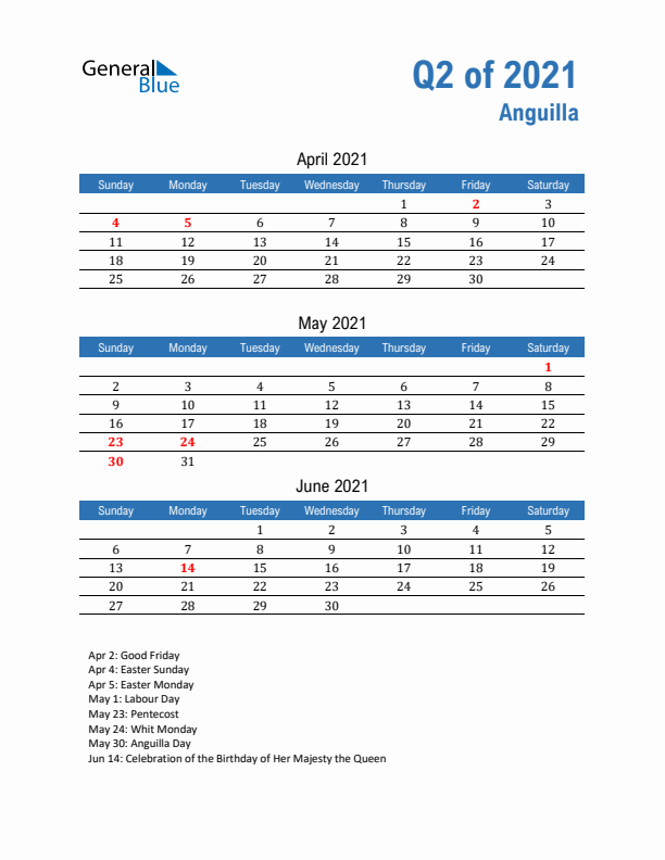 Anguilla 2021 Quarterly Calendar with Sunday Start