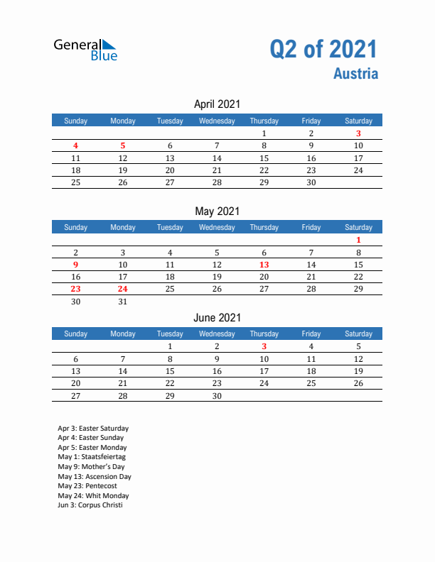 Austria 2021 Quarterly Calendar with Sunday Start