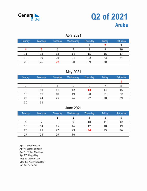 Aruba 2021 Quarterly Calendar with Sunday Start
