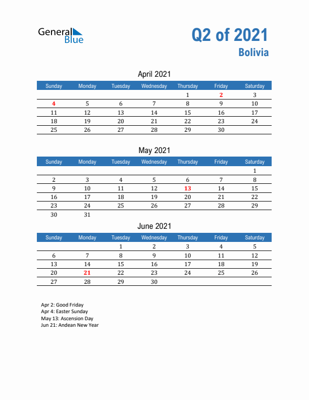 Bolivia 2021 Quarterly Calendar with Sunday Start