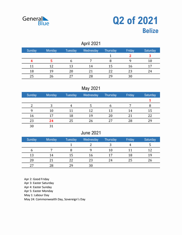 Belize 2021 Quarterly Calendar with Sunday Start