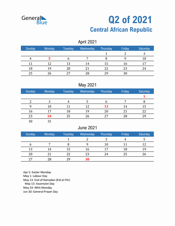 Central African Republic 2021 Quarterly Calendar with Sunday Start