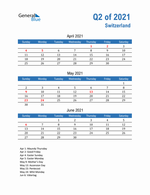Switzerland 2021 Quarterly Calendar with Sunday Start