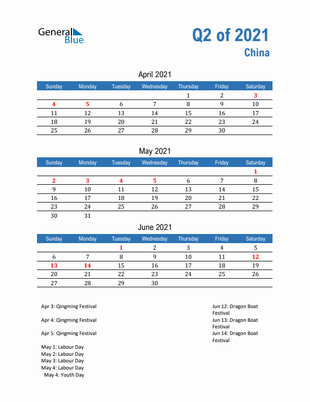 China 2021 Quarterly Calendar with Sunday Start
