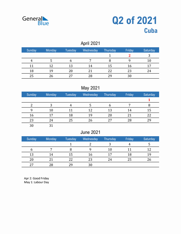 Cuba 2021 Quarterly Calendar with Sunday Start