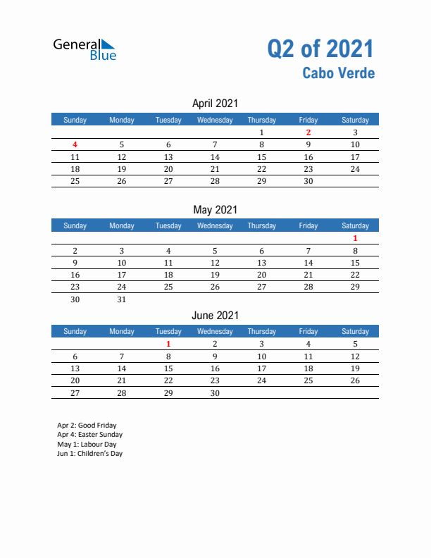 Cabo Verde 2021 Quarterly Calendar with Sunday Start