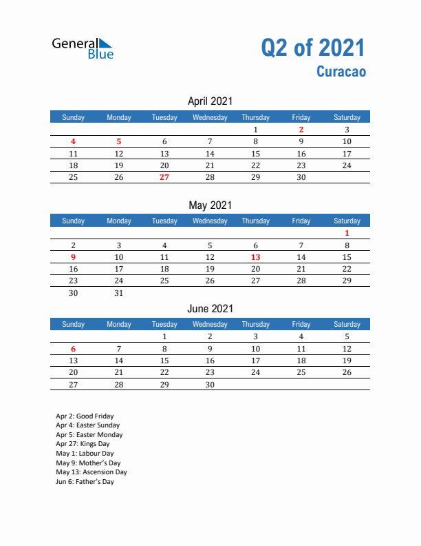 Curacao 2021 Quarterly Calendar with Sunday Start