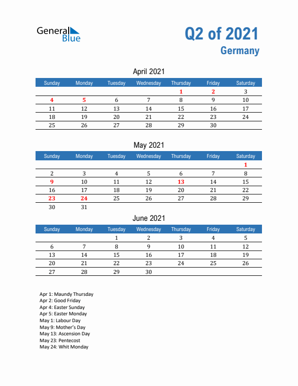 Germany 2021 Quarterly Calendar with Sunday Start