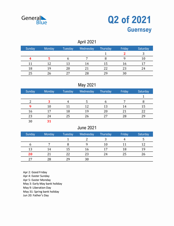 Guernsey 2021 Quarterly Calendar with Sunday Start