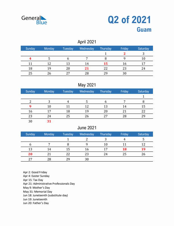 Guam 2021 Quarterly Calendar with Sunday Start