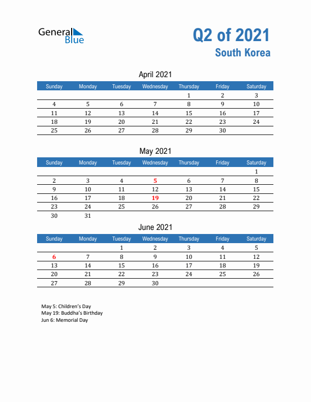 South Korea 2021 Quarterly Calendar with Sunday Start