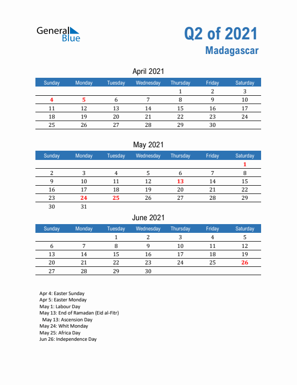 Madagascar 2021 Quarterly Calendar with Sunday Start