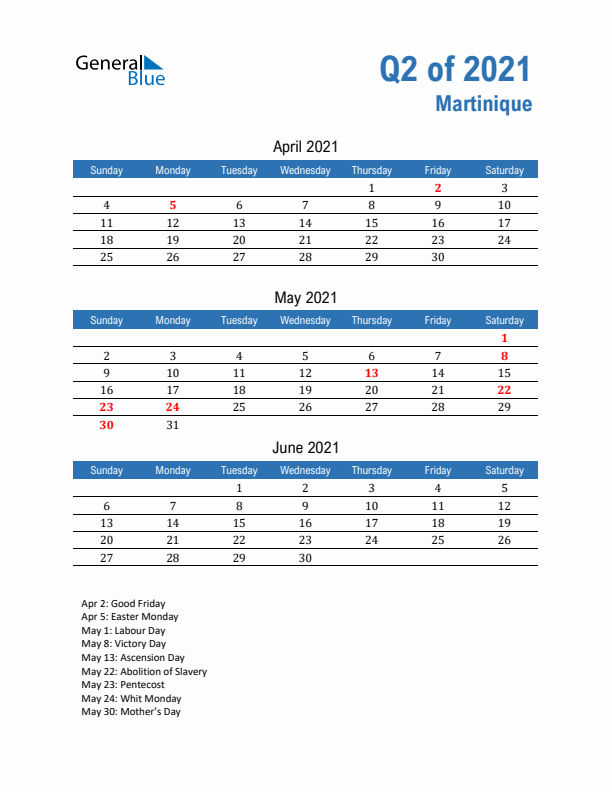 Martinique 2021 Quarterly Calendar with Sunday Start