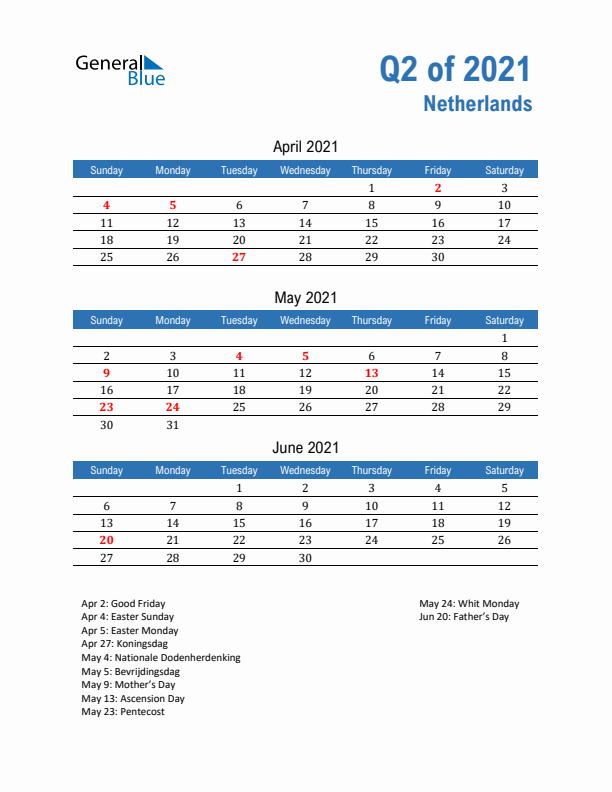 The Netherlands 2021 Quarterly Calendar with Sunday Start