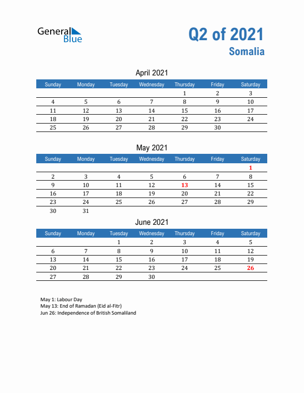 Somalia 2021 Quarterly Calendar with Sunday Start