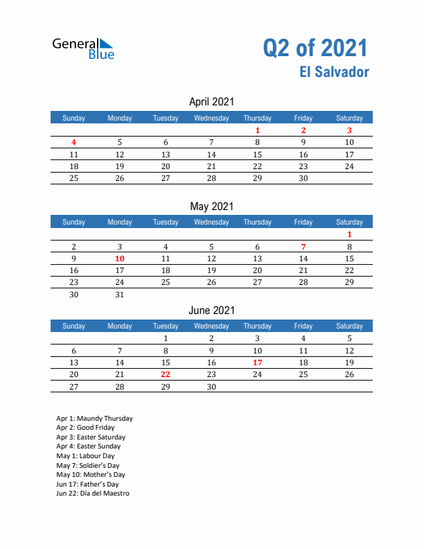 El Salvador 2021 Quarterly Calendar with Sunday Start