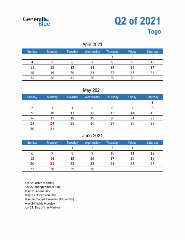 Togo 2021 Quarterly Calendar with Sunday Start