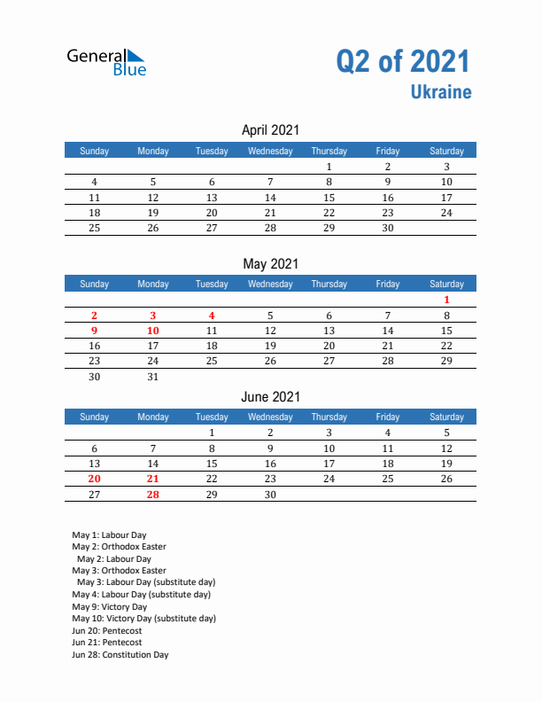 Ukraine 2021 Quarterly Calendar with Sunday Start