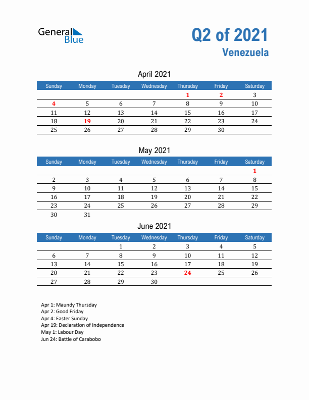 Venezuela 2021 Quarterly Calendar with Sunday Start