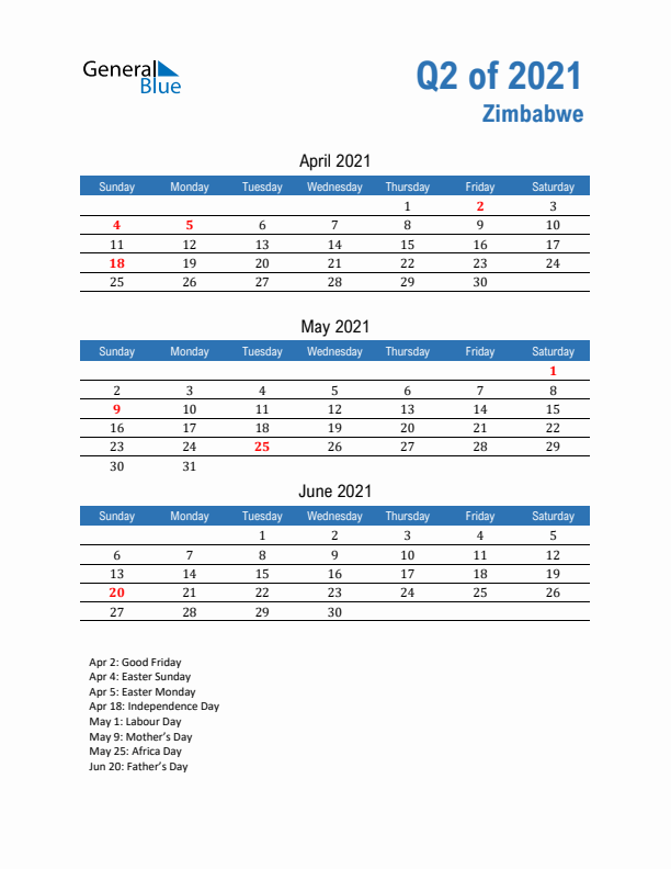 Zimbabwe 2021 Quarterly Calendar with Sunday Start