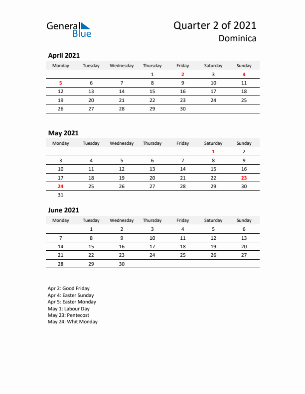 2021 Three-Month Calendar for Dominica