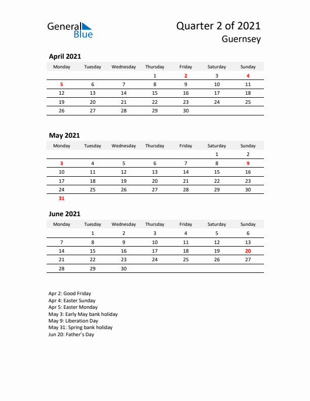2021 Three-Month Calendar for Guernsey