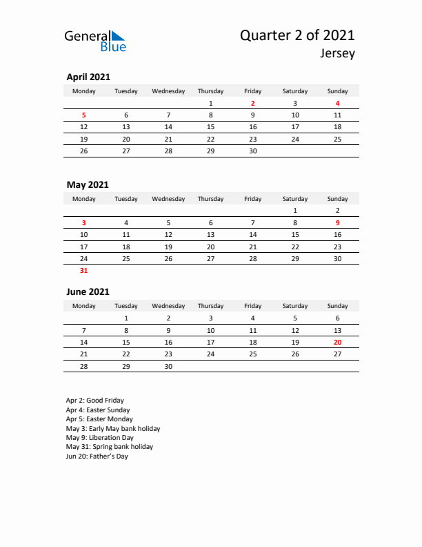 2021 Three-Month Calendar for Jersey