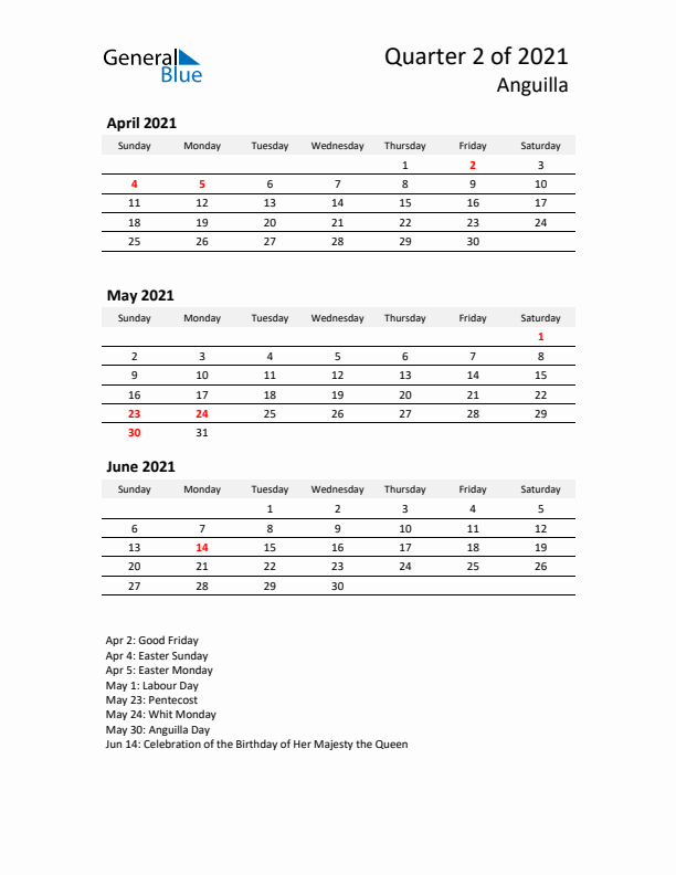 2021 Three-Month Calendar for Anguilla