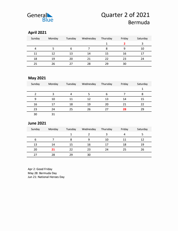 2021 Three-Month Calendar for Bermuda