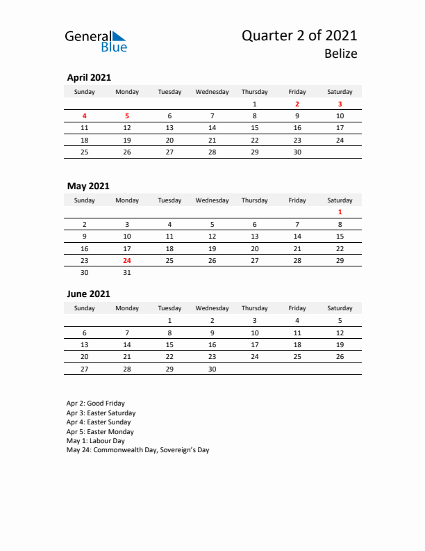 2021 Three-Month Calendar for Belize