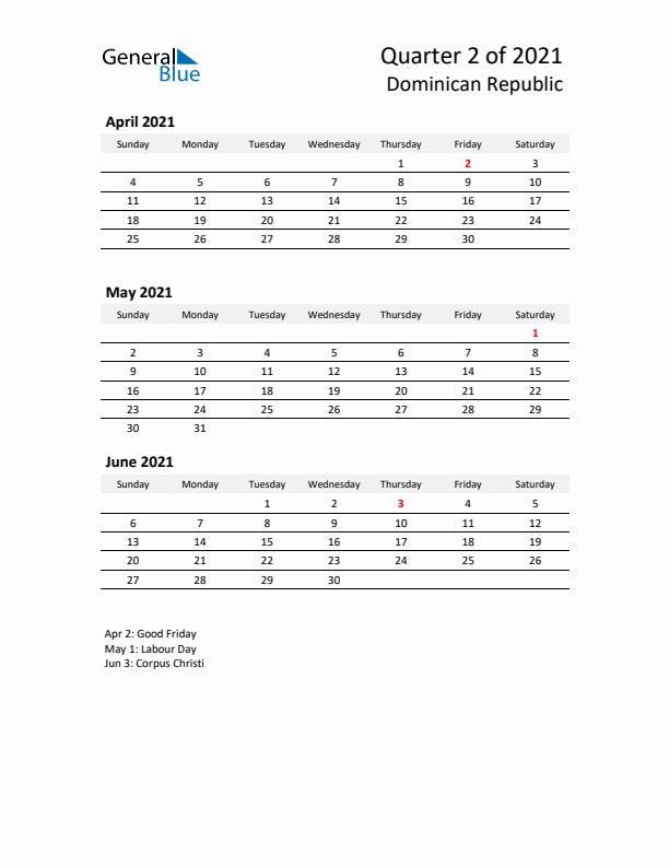2021 Three-Month Calendar for Dominican Republic