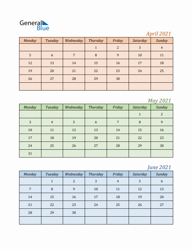 Three-Month Calendar for Year 2021 (April, May, and June)