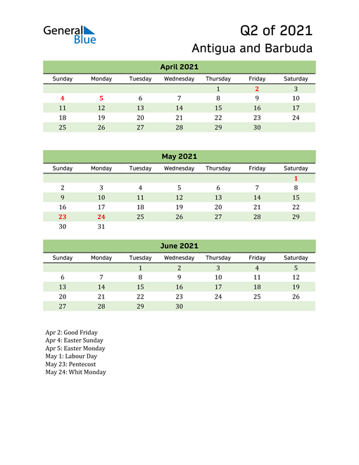  Quarterly Calendar 2021 with Antigua and Barbuda Holidays 