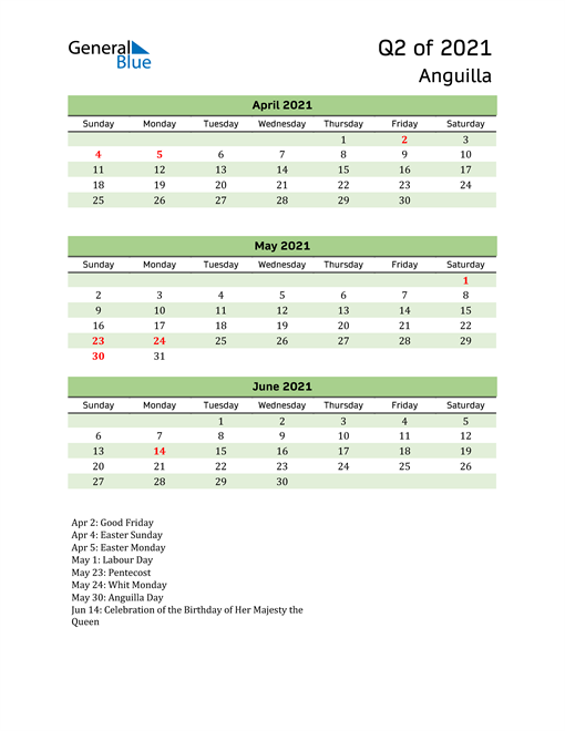  Quarterly Calendar 2021 with Anguilla Holidays 