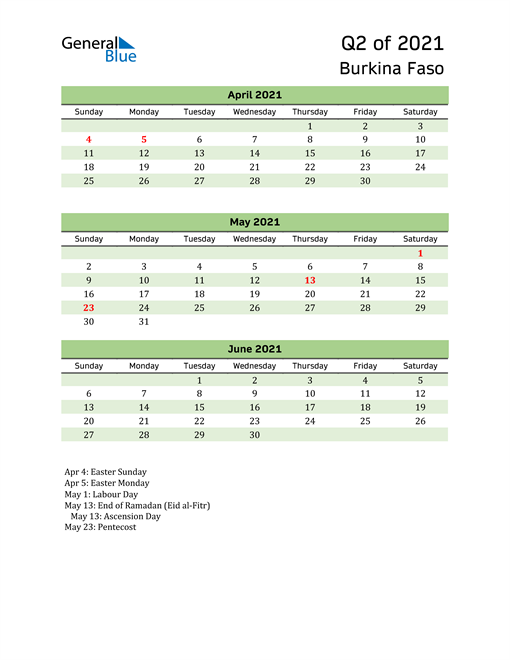  Quarterly Calendar 2021 with Burkina Faso Holidays 