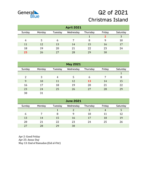  Quarterly Calendar 2021 with Christmas Island Holidays 