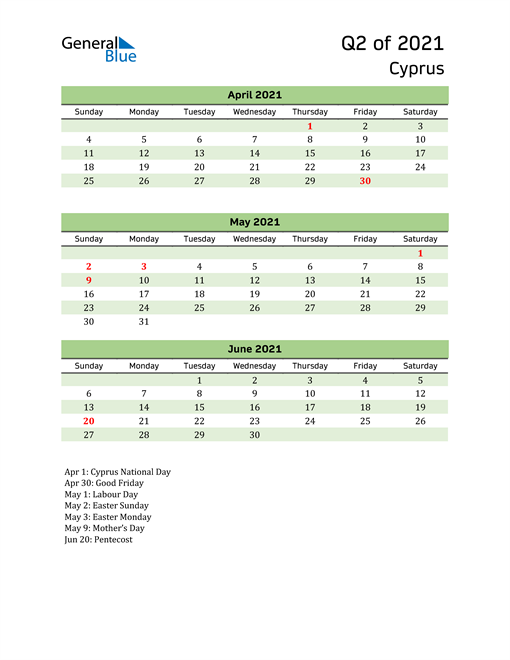  Quarterly Calendar 2021 with Cyprus Holidays 