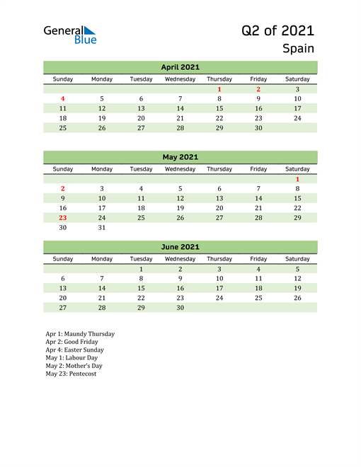  Quarterly Calendar 2021 with Spain Holidays 