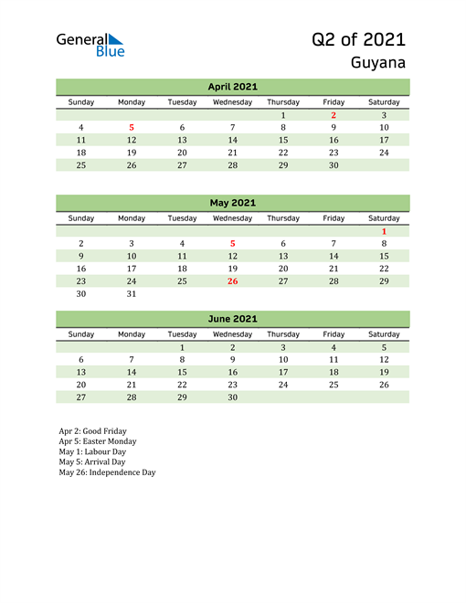  Quarterly Calendar 2021 with Guyana Holidays 