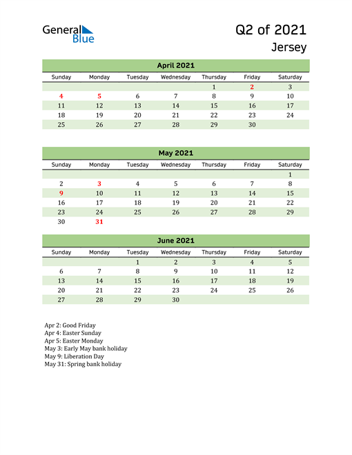  Quarterly Calendar 2021 with Jersey Holidays 