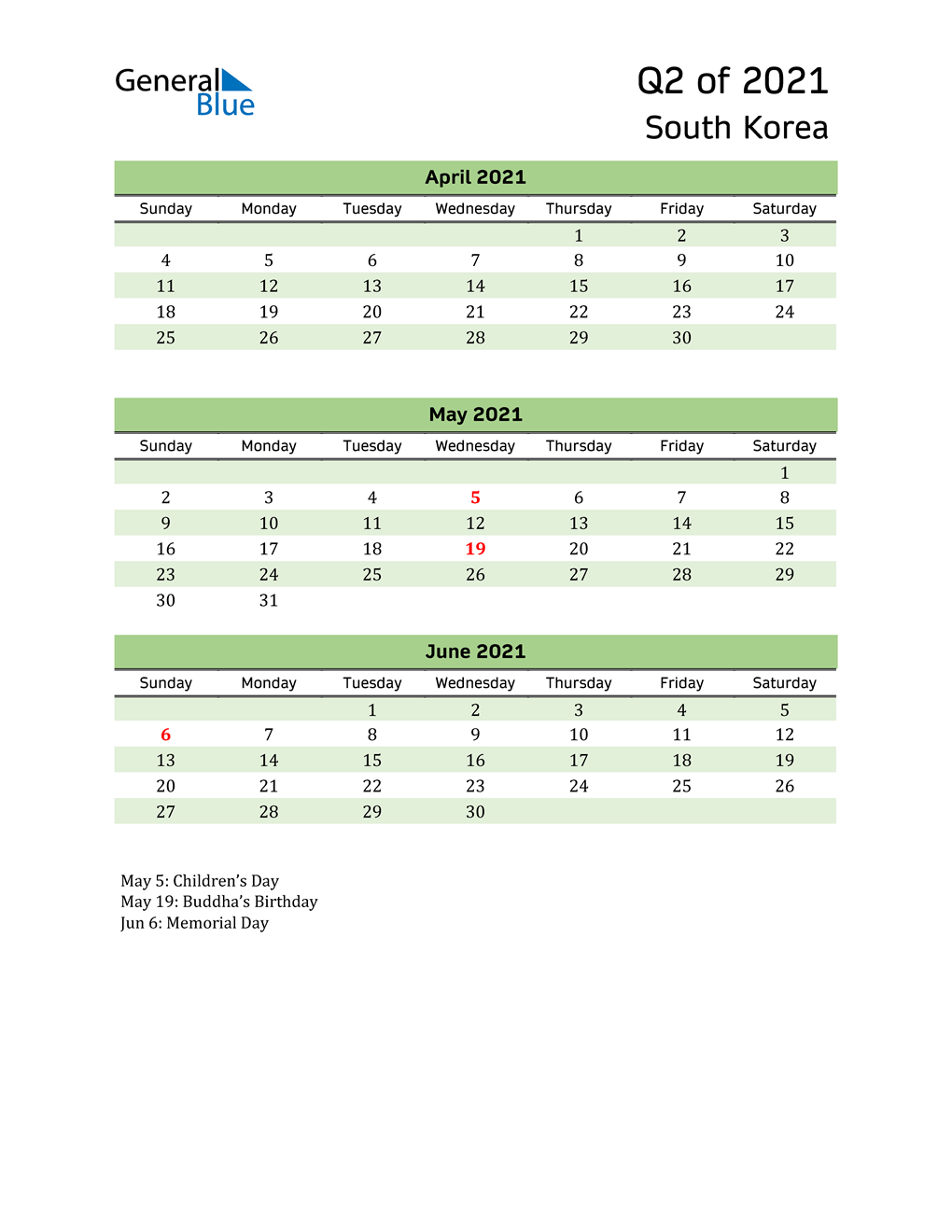  Quarterly Calendar 2021 with South Korea Holidays 