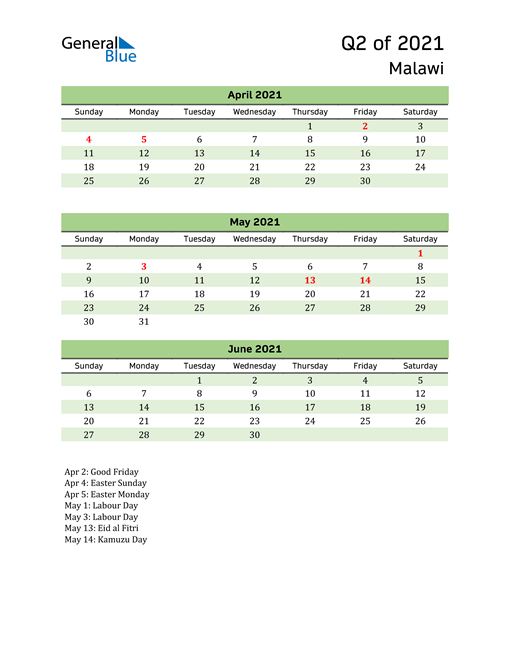  Quarterly Calendar 2021 with Malawi Holidays 
