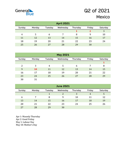  Quarterly Calendar 2021 with Mexico Holidays 