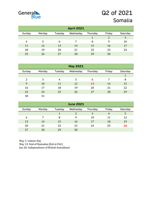  Quarterly Calendar 2021 with Somalia Holidays 
