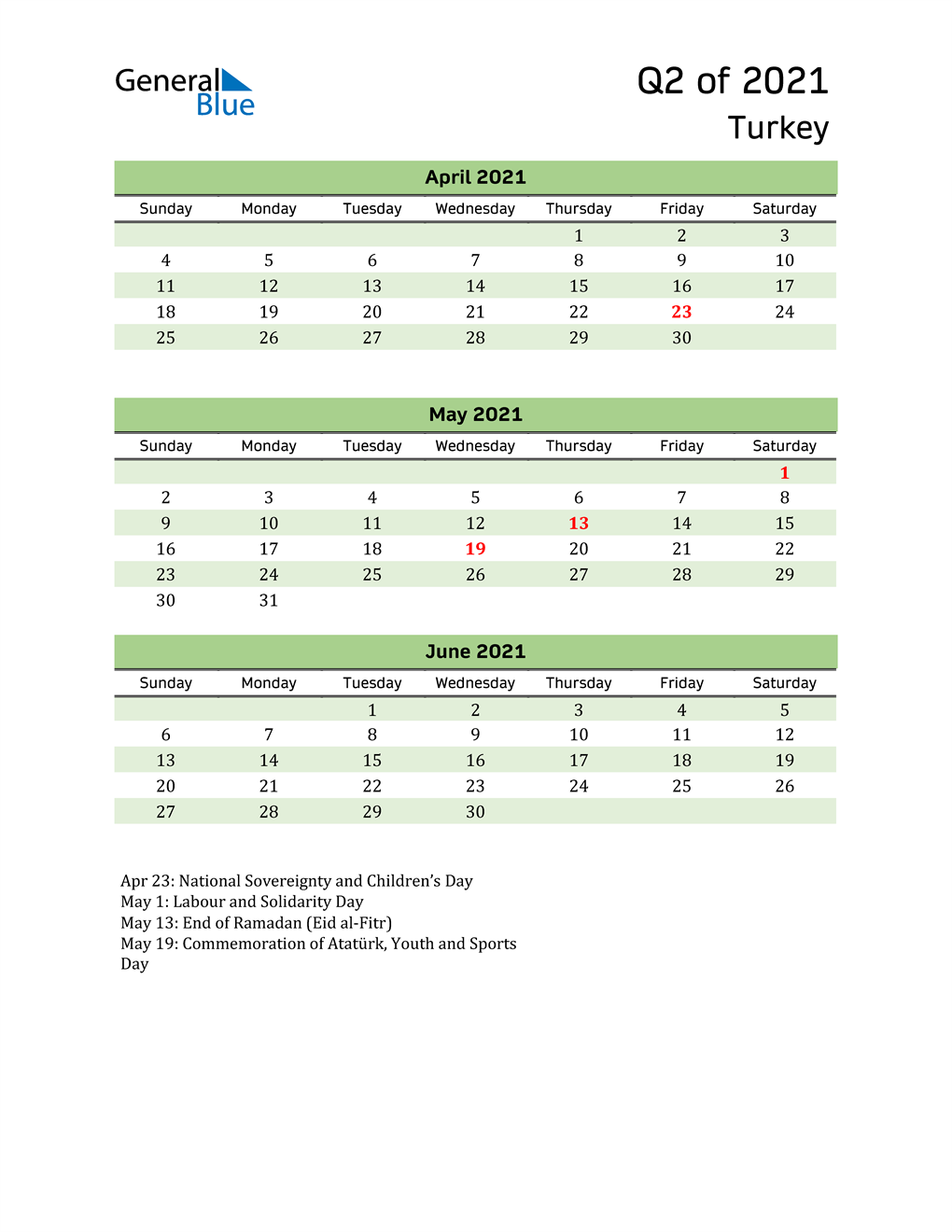  Quarterly Calendar 2021 with Turkey Holidays 