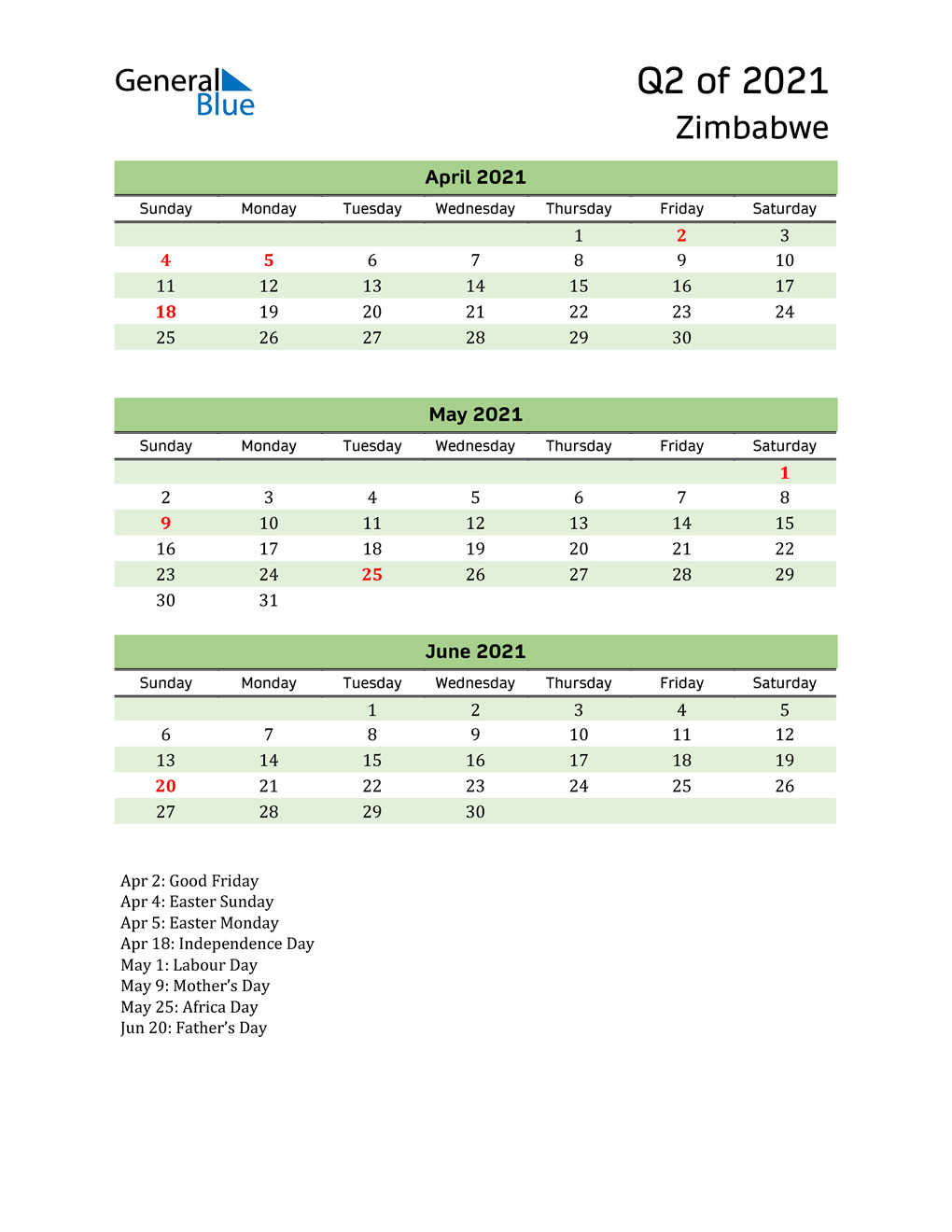  Quarterly Calendar 2021 with Zimbabwe Holidays 