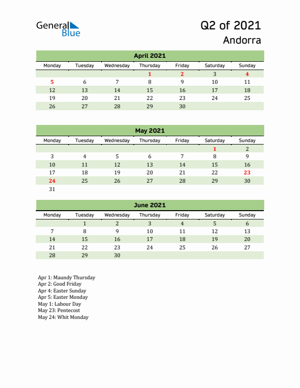 Quarterly Calendar 2021 with Andorra Holidays