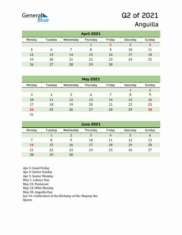 Quarterly Calendar 2021 with Anguilla Holidays