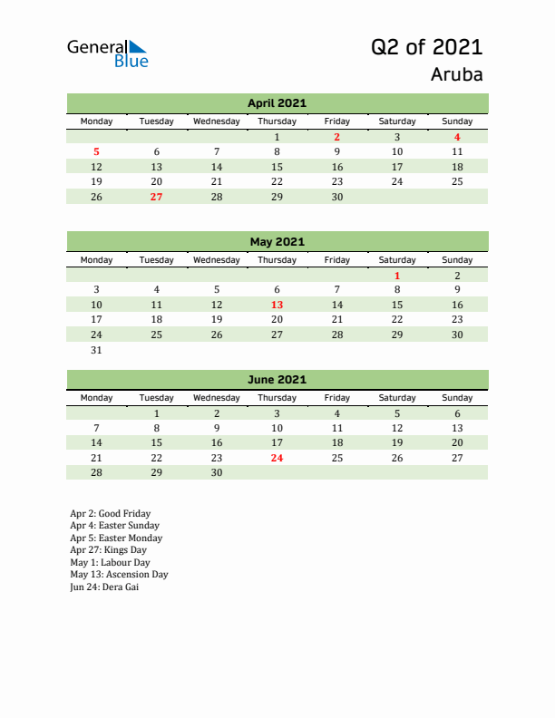 Quarterly Calendar 2021 with Aruba Holidays