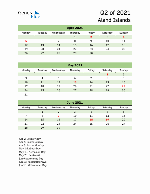 Quarterly Calendar 2021 with Aland Islands Holidays